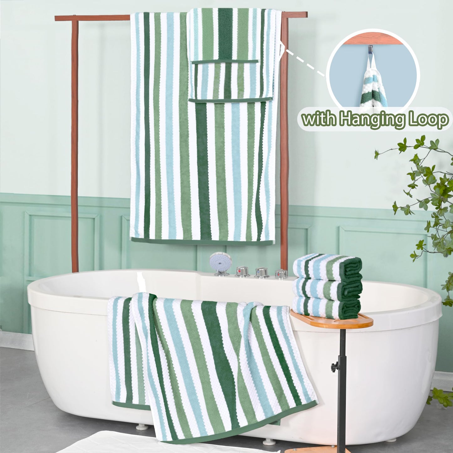 Waffle Hand Towels for Bathroom, Hand Towel Set of 4, 16"x27" - 100% Cotton | Quick Dry | Thick | Soft | Absorb | Lightweight, Striped Bathroom Hand Towels Decorative Set, Green Stripe + White Checker