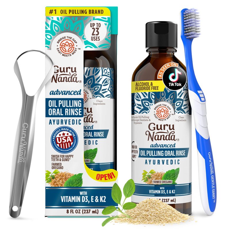 GuruNanda Advanced Oil Pulling Mouthwash for Enhanced Oral Care with Sesame & Oregano Oil, Promotes Deep Cleaning for Healthy Teeth & Gums, with Toothbrush and Tongue Scraper, Alcohol-Free, 8 Oz