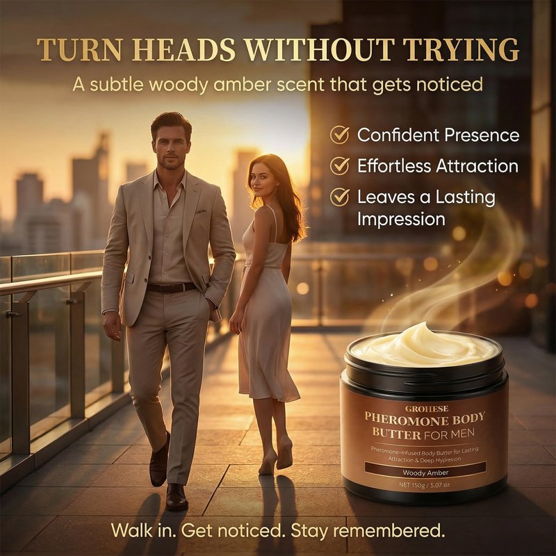 Allaura Beauty Pheromone Body Butter Men, Mens Skin Cream, Cologne-Inspired Fragrance Moisturizer with Shea Butter, Cocoa Butter & Coconut Oil, Non-Greasy Hydrating Body Cream - Woody Amber