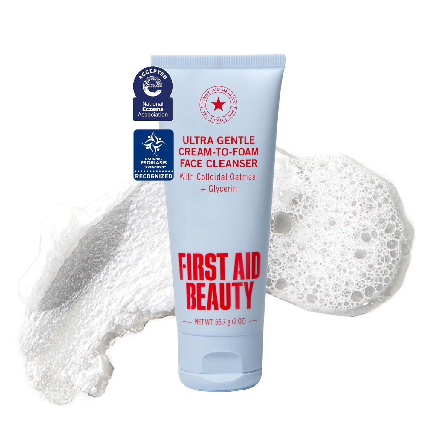 First Aid Beauty Ultra Gentle Cream-to-Foam Facial Cleanser, Fragrance Free Makeup Removing Face Wash with Colloidal Oatmeal & Glycerin, Sensitive & Acne-Prone Skin, 2 oz, Travel Size