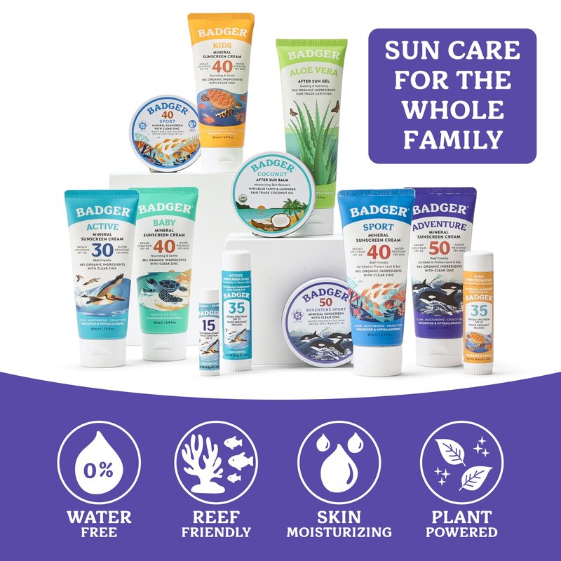 Badger Reef Safe Mineral Sunscreen, SPF 50, 98% Organic with Zinc Oxide, Non Toxic, Water Resistant, Unscented & Hypoallergenic, Broad - Spectrum, For Adventure, Travel & Sport, 2.4 oz Tin
