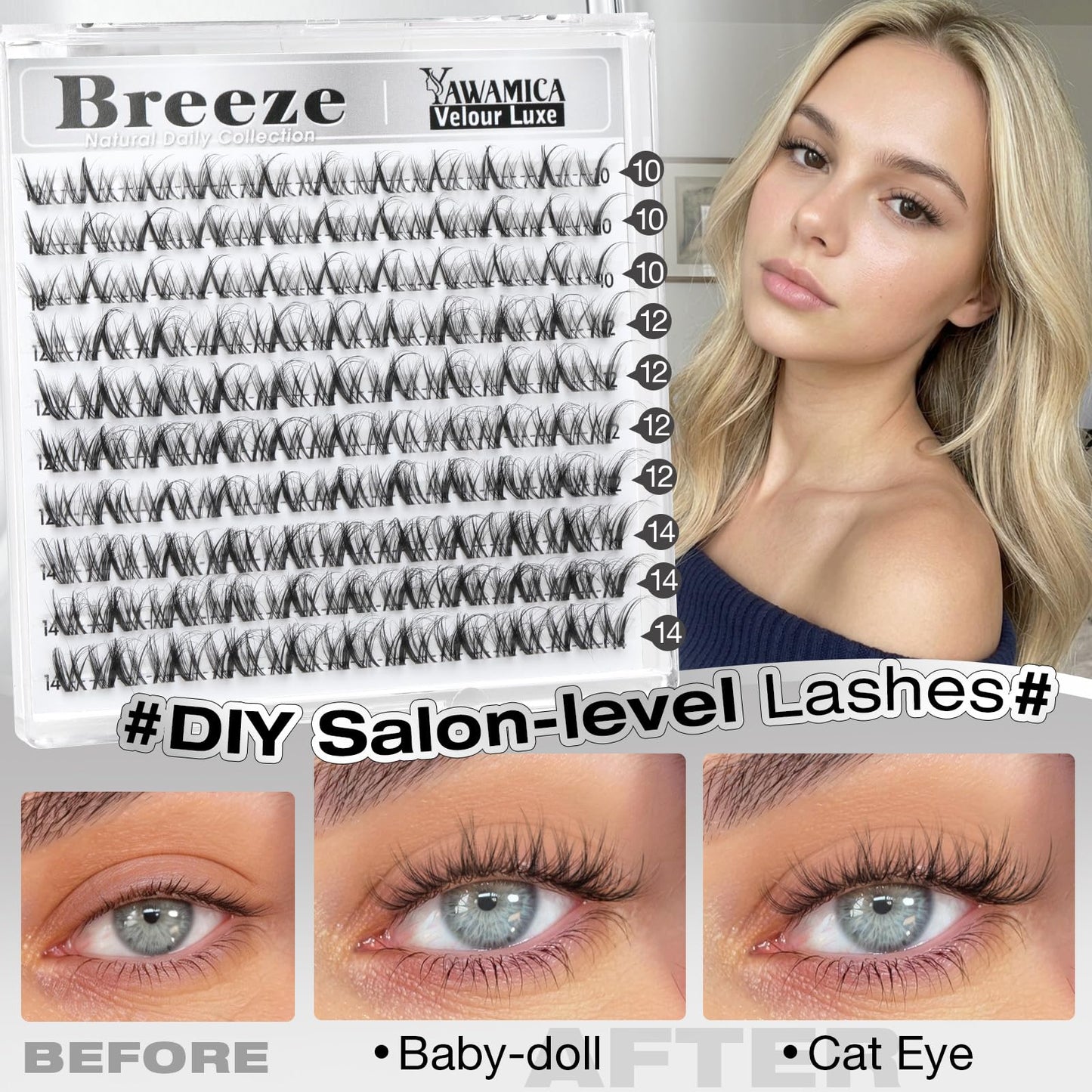Spider Lash Clusters Wispy Fluffy Eyelash Clusters DD Curl Cluster Eyelash Extensions Natural Volume Individual Lashes 10-14mm Cluster Lashes with Invisible Band DIY Lash Extension by Yawamica