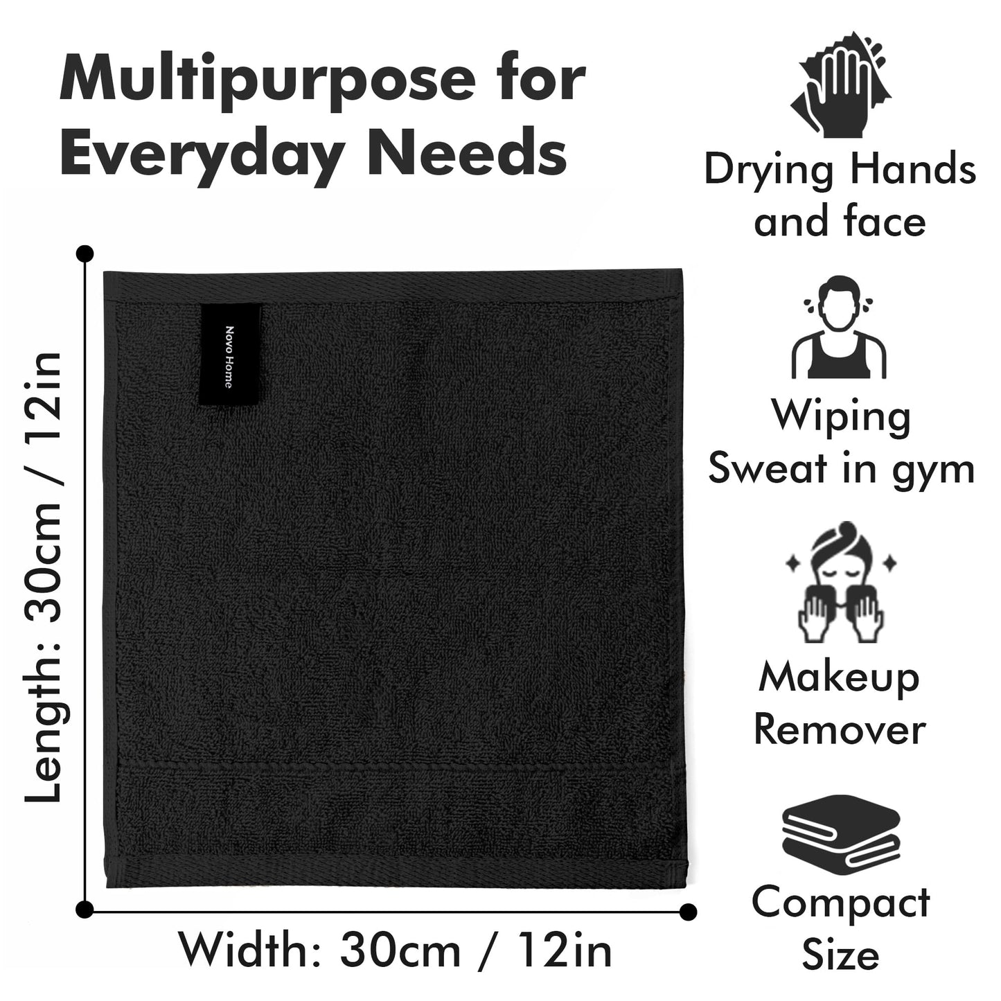 Novo Home Face Towels Pack of 12 – 100% Cotton Wash Cloths (12x12 inch) – Soft, Quick Dry & Highly Absorbent Hand Towels for Bathroom, Spa, Gym, Kitchen and for Daily Use - (Black)