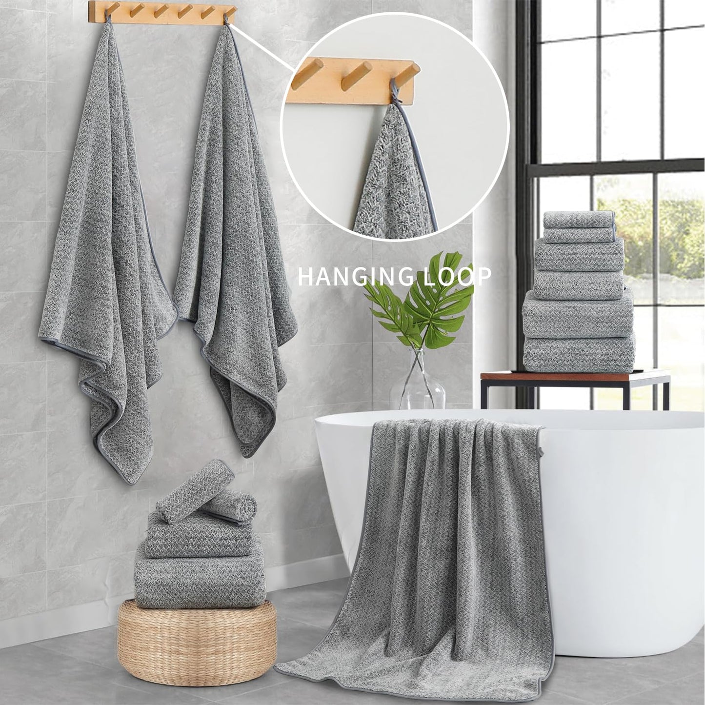 Ultra Soft Bath Towel Set,12 Piece (4 Bath Towels,4 Hand Towels,4 Washcloths) Family Bathroom Towels Set with Hanging Loop,Quick Dry Extra Absorbent Shower Towel for Bathroom,Hotel,Spa-Dark Gray