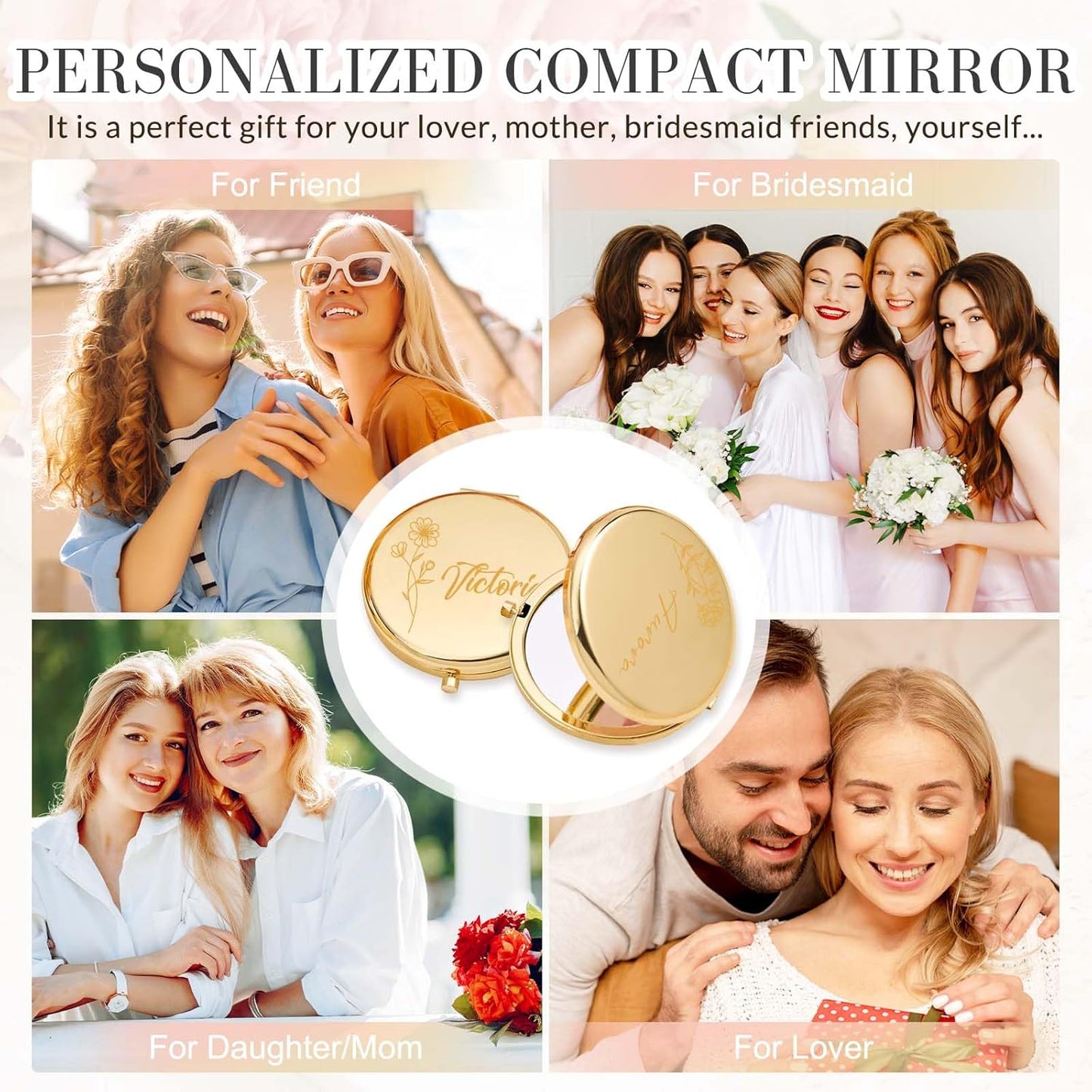 Skiennix Personalized Compact Mirror - Custom Birth Flower Design | Perfect Gift for Bridesmaids, Women, and Special Occasions