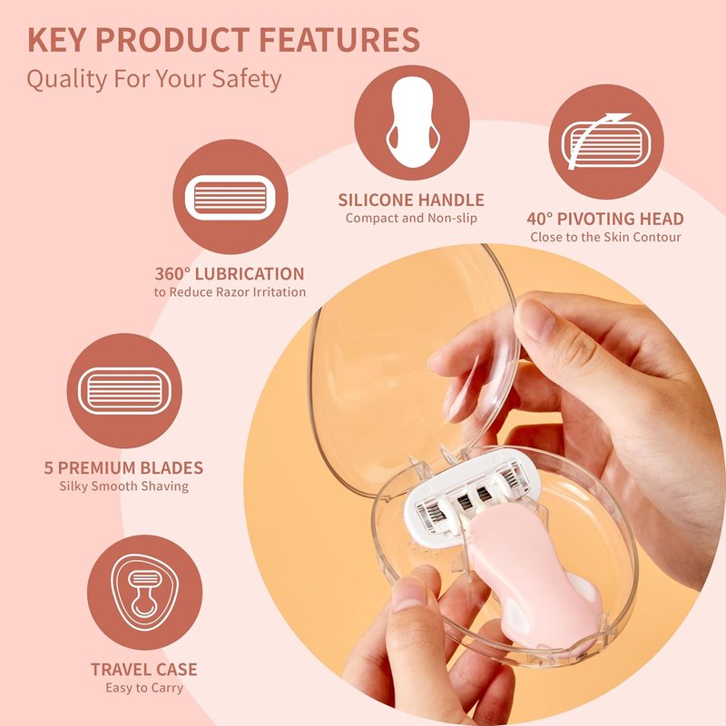 BeautyGlow Travel Razor for Women - Extra Smooth 5-Blade Mini Razor with Case & Gift Box | Pink