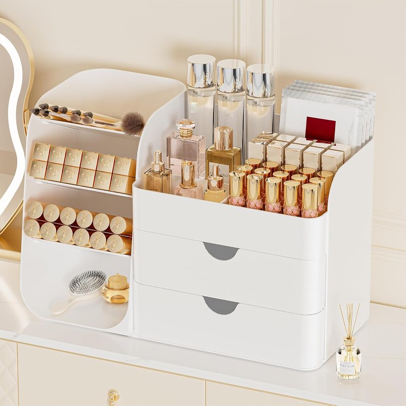 Makeup Organizer - Vanity Cosmetic Display Case with Drawers | White Bathroom Storage Caddy for Skincare & Beauty Tools