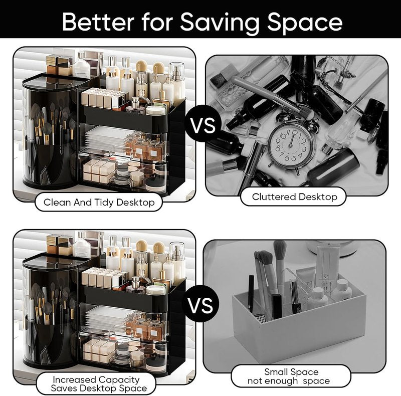 Makeup Organizer,Rotating Cosmetic Storage Organizer with Drawers,Large Capacity Makeup Brush Holder,Skincare Vanity Organizer for Bathroom Countertop,Black