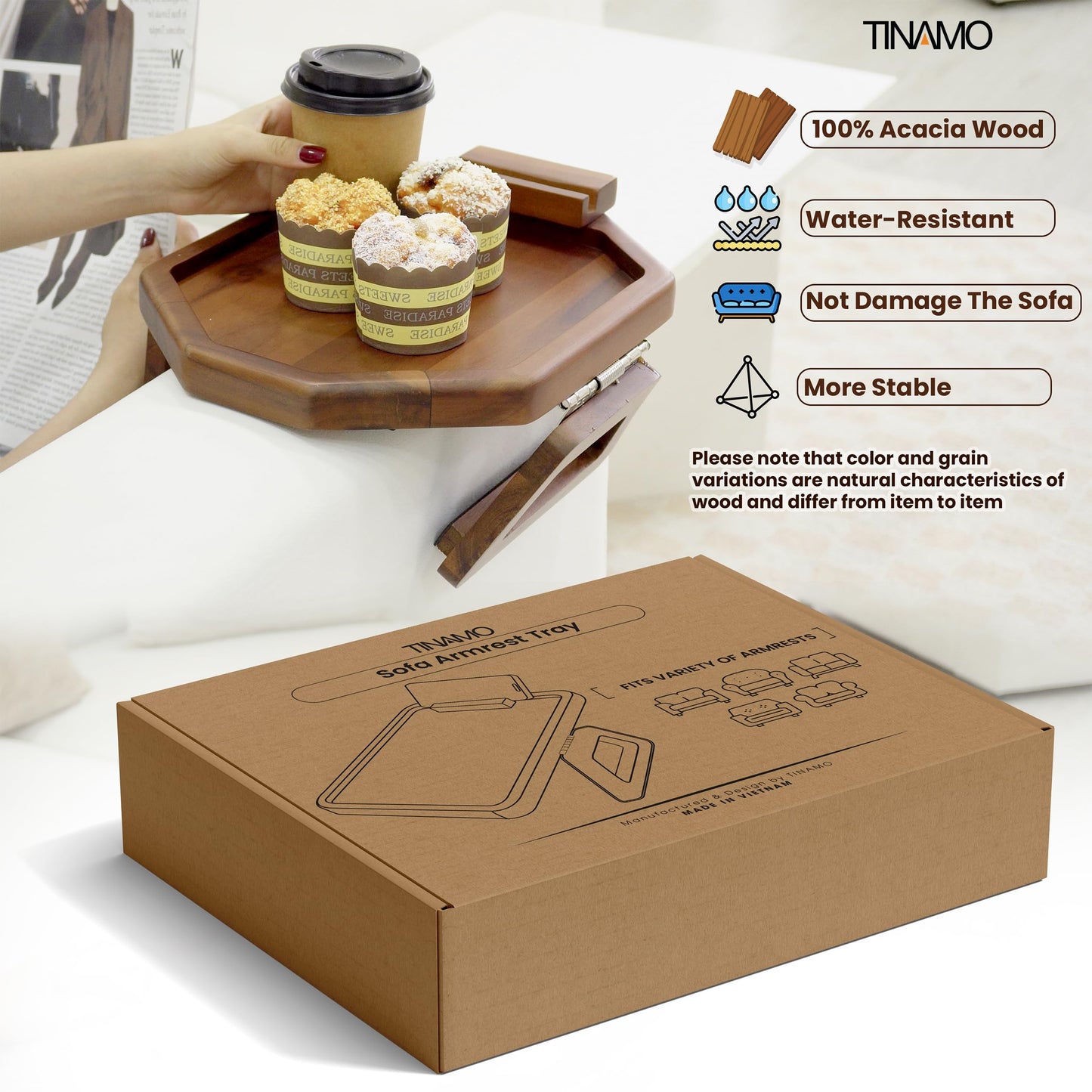 Tinamo Octagonal Acacia Sofa Arm Tray, Couch Armrest Table with Folding Arms - Armchair Caddy, Clip on Tray with Adjustable Arm Hinges for Home Sofa Living Room (Acacia, Octagon Phone Holder)