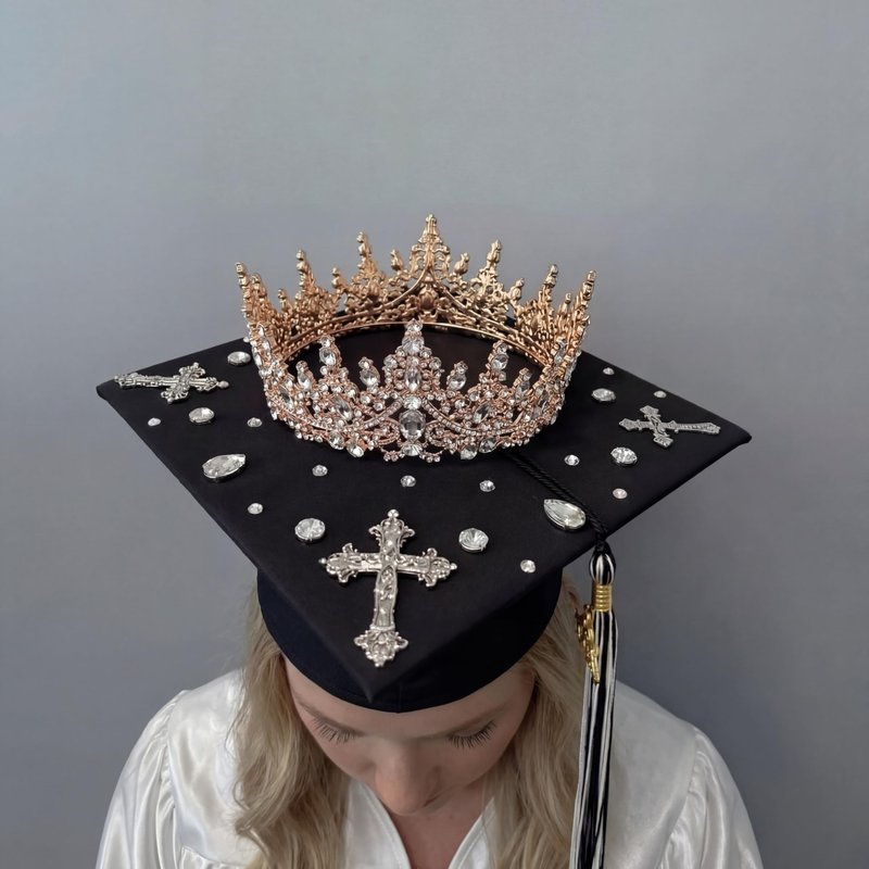 Mepase 2026 Graduation Crown and Cap Rose Gold Glitter Metal Rhinestone Princess Crown Adjustable Black Graduation Hat Grad Tiara and Cap for Women Grad Party Decorations
