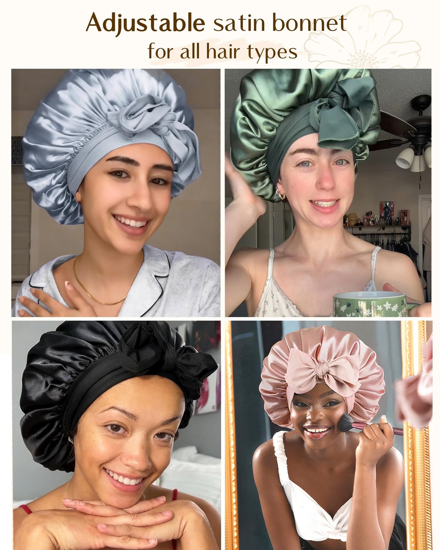 YANIBEST Adjustable Satin Bonnet for Sleeping Women Double Layer Hair Wrap Reduce Friction Prevent Frizz Natural Curly Hair, Blue