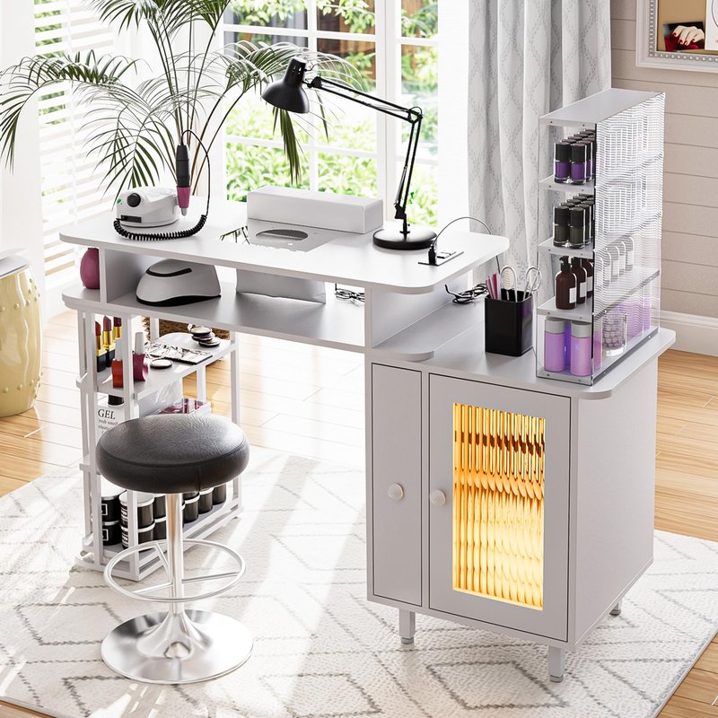 Kikihouse Manicure Table with LED Light, Nail Desk Nail Tech Table w/Dust Collector & Charging Station, Nail Station w/Removable Acrylic Storage Shelf, Drawers & Glass Door Cabinet, White