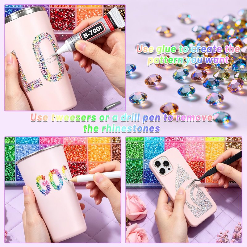 IKKAB 32000PCS 3mm Flatback Rhinestones for Bedazzling, 40 Colors Bedazzling Kit with Storage Box, 3 B7000 Glue, Tweezers & Pick Up Pen, Bedazzler Kit with Rhinestones for Crafts, Clothes, Shoes DIY