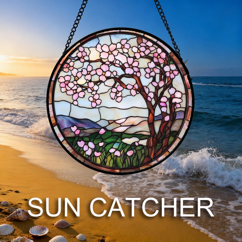 QZQCBLC Stained Glass Window Hanging Pink Cherry Blossom Tree 6.3" - Flower Suncatcher Door Terrace Garden Sun Catcher Home Decor Birthday Christmas for Mom Wife Woman Nana
