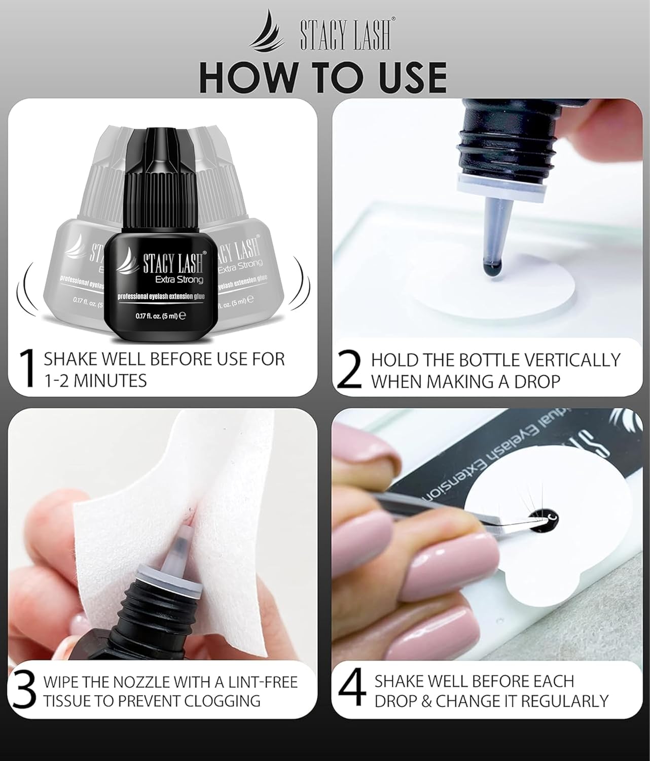 STACY LASH Extra Strong Lash Extension Glue (0.17fl.oz / 5ml) / 0.5-1 Sec Dry/Retention – 8 Weeks/Black Adhesive/Professional Supplies for Eye Lash Extensions