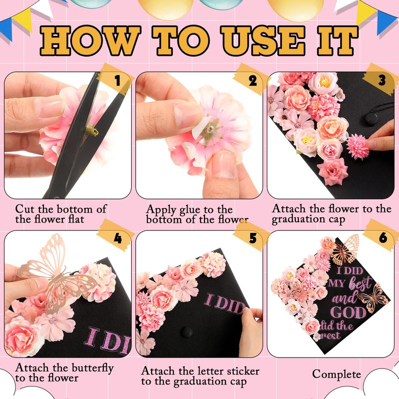Feifeiya 36 Pcs DIY 2026 Graduation Cap Decorations Accessory Kit Include Faux Flower Heads Graduation Quotes Glitter Stickers 3D Butterfly for Grad Cap Topper DIY Gift(Pink,Inspirational)