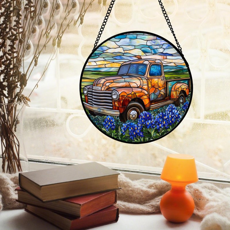 QZQCBLC Stained Glass Window Hanging Retro Truck Blue Flower View 6.3" - Suncatcher Door Garden Kitchen Sun Catcher Home Decor Birthday Christmas for Mom Woman Wife Men Nana