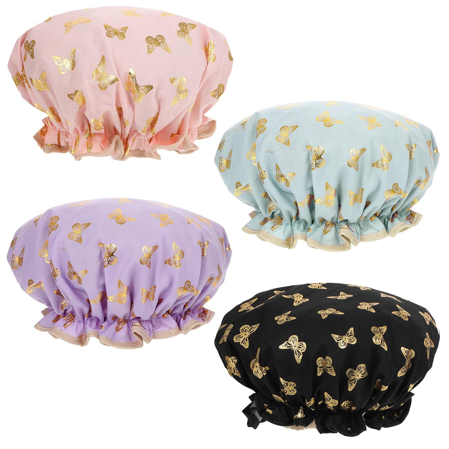 Yuanchu 4 Pcs Waterproof Shower Caps for Women, Elastic Band Bath Caps Reusable Shower Hat Double Layer Shampoo Cap for Washing Hair Bathing SPA Makeup Cooking