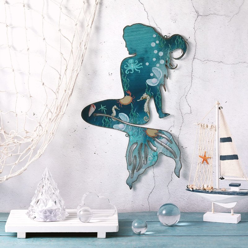 Demissle Metal Mermaid Decor Ocean Themed Wall Decorations Mermaid Wall Hanging Art Indoor Outdoor for Bathroom Kitchen Garden Pool Patio 15 x 9.7 Inches(Delicate Style)