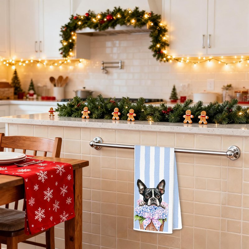 awdschkj Rustic Hydrangea French Bulldog Kitchen Towels, Gifts for French Bulldog Lovers Dish Tea Towels, Blue Striped Chinoiserie Floral Frenchie Dog Decorative Hand Towel for Bathroom, 16x24 Inches
