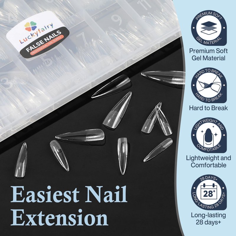 Luckyfairy XXL Stiletto Nail Tips 120 Pcs Full Cover Pre-buff Stiletto Gel Press On Nails Flat Tips for Acrylic Nails for Home DIY Nail Extensions 12 Sizes