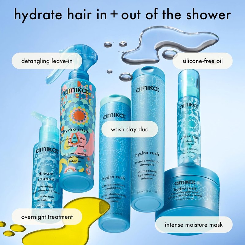 Amika Hydro Rush Intense Moisture Shampoo - Hyaluronic Acid Infused | Deep Hydration for Dry Hair