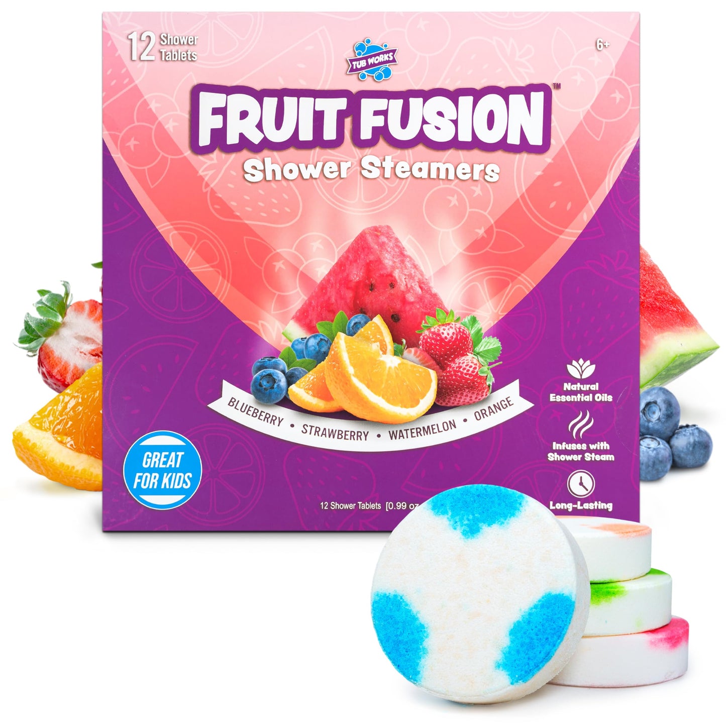 Tub Works® Fruit Fusion™ Shower Steamers for Kids, Variety 12 Pack | Fresh & Fruity Shower Steamers Aromatherapy | Fun Shower Bombs | Alternative to Kids Bath Bombs for a Sensory Shower Experience