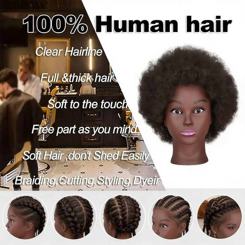 African Braiding Mannequin Head - 100% Human Hair 8" Cosmetology Doll for Kids' Braiding Practice | Afro Style