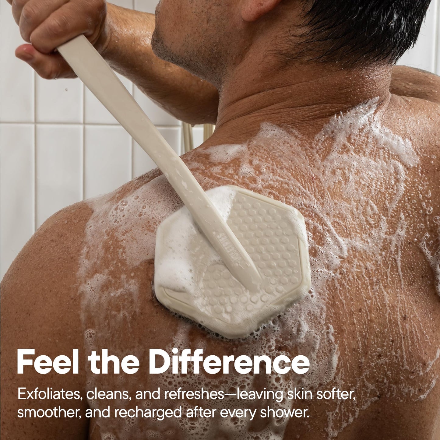 TOOLETRIES Silicone Back Scrubber for Shower Exfoliating Back Brush for Men with Long Handle, Non Slip Grip Body Washer to Clean Hard to Reach Areas, Durable Bath Accessory - Sand