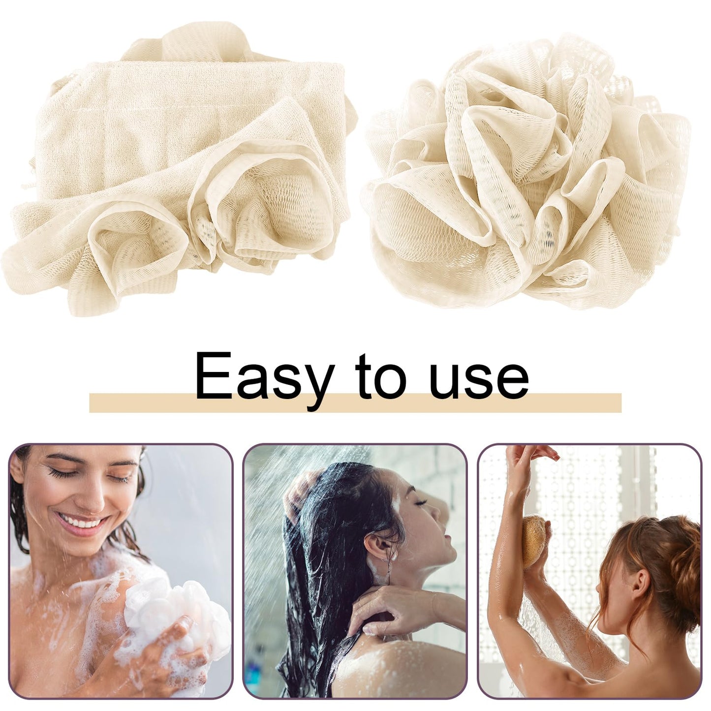 Swiffen 1 Pcs Washcloth Loofah Combo, 2 in 1 Bath Loofah Sponge with Drawstring, Exfoliation Mesh Shower Puff Ball for Body Wash Cleansing and Smooth Skin (Beige)