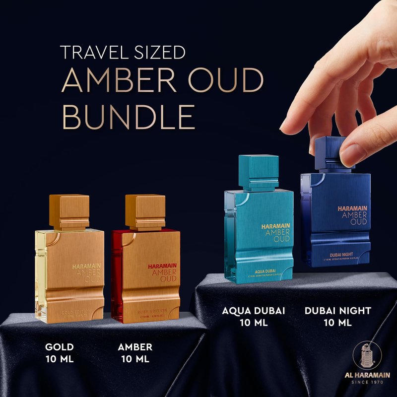 Al Haramain Amber Oud Eau de Parfum 4PC 10ML Each Mini Perfume Set for Women & Men – Cologne Gift Set, Unisex Arabian Perfume Sampler with Gold & Ruby Edition, Dubai Night and Aqua Dubai Fragrances