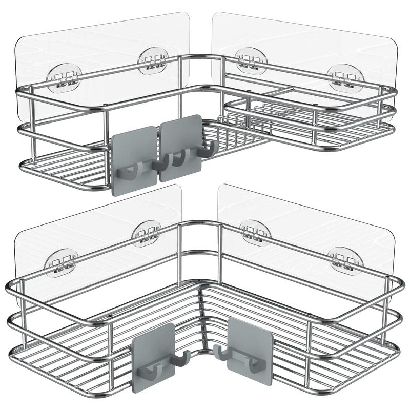 Nieifi Corner Shower Caddy with Built-In Soap Holder with Hooks, Shower Organizer Shelf Rack Basket Storage, Rust Proof Stainless Steel Bathroom Shelves Drill Free 2 Pack For 90-Degree Corner Only