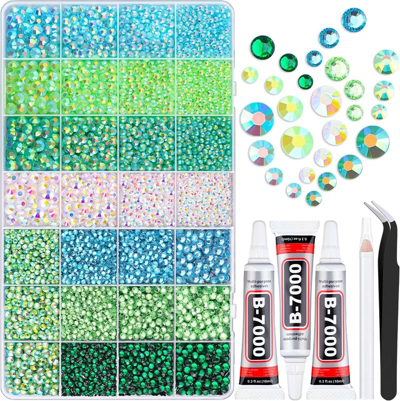 Green Rhinestones for Bedazzling - 20,000 Pcs Resin Gems with B7000 Jewelry Glue | Assorted Sizes 3/4/5/6mm for Crafts & Nail Art