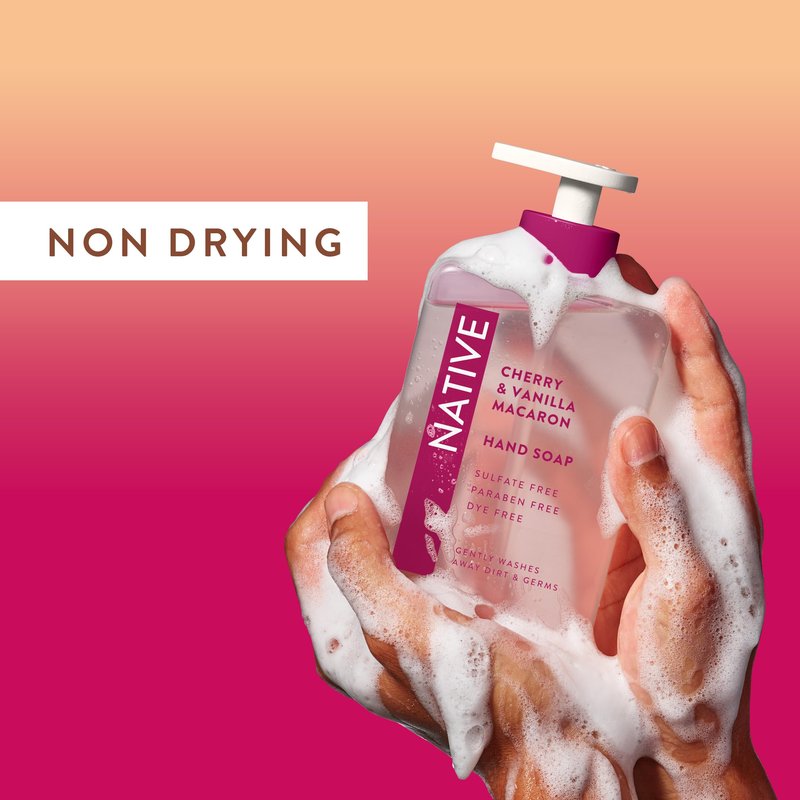 Native Liquid Hand Soap, Cherry & Vanilla Macaron Scent, Non-Drying Formula for Soft, Smooth Hands, Made with Plant-Based Cleansers, Sulfate & Paraben Free, 13 oz Bottle
