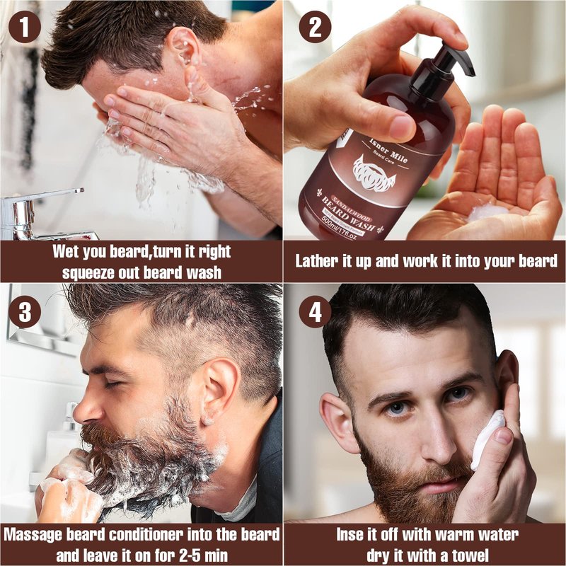 ISNER MILE Beard Wash & Conditioner Set for Men - 17 oz Shampoo with Biotin, Argan & Jojoba Oils for Smooth, Soft, and Strengthened Beard - Sandalwood Scented Grooming Gift