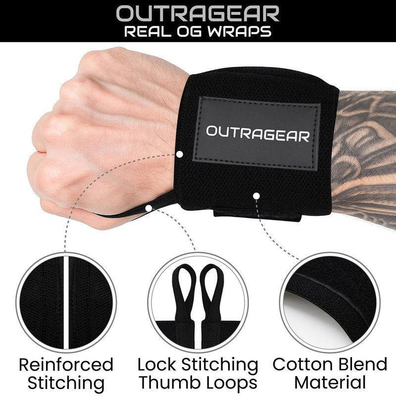 OUTRAGEAR 18" OG-Grade Wrist Wraps for Weightlifting – Heavy Duty Wrist Support with Thumb Loop & Lockdown Strap – Wrist Straps for Powerlifting, Bench Press & Gym Training(Classic Black)
