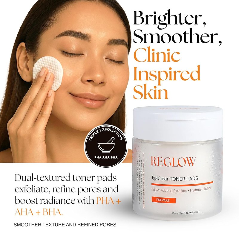 ReGlow EpiClear Toner Pads - Exfoliating Facial Pads with PHA, AHA, BHA & Niacinamide - Hydrating & Resurfacing Daily Peel for Smooth Skin | 60 Pads