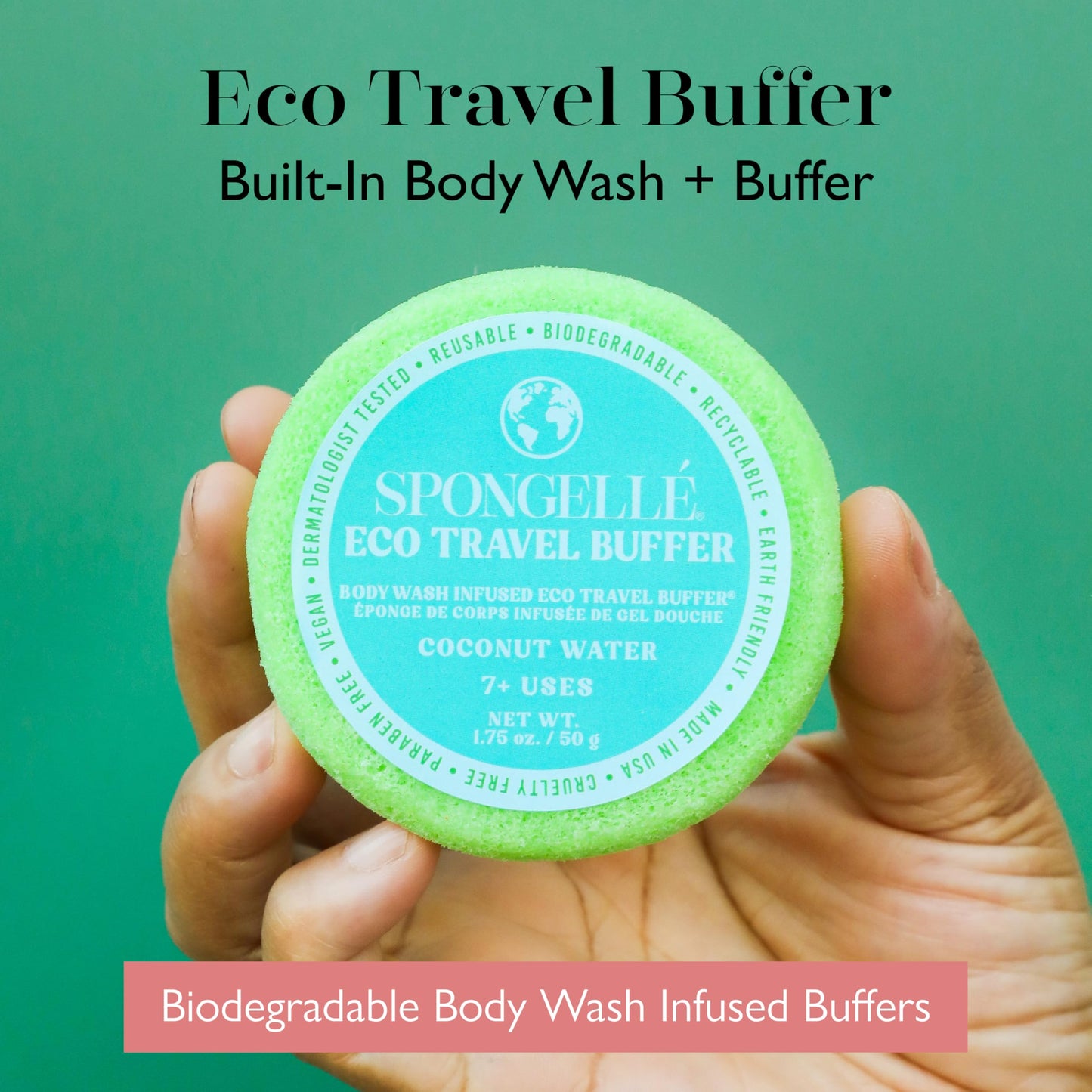 Spongelle Coconut Water Eco Collection Travel Body Buffer Body Scrubber | Bath & Shower Loofah for Men & Women | Biodegradable, Cruelty-Free, Vegan, Dermatologist-Tested, Made in USA | 7+ uses