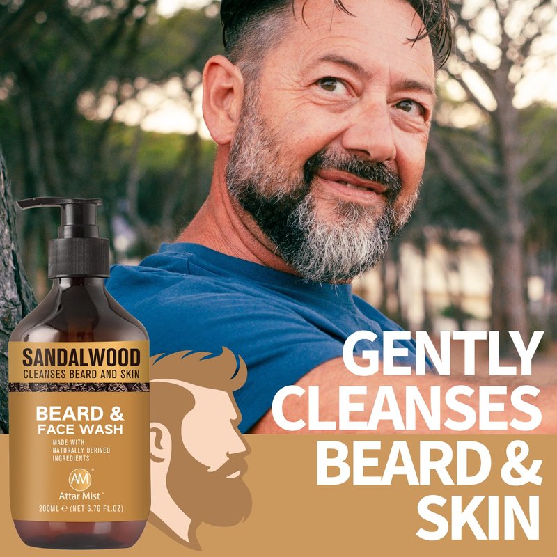 AM Beard & Face Wash - Sandalwood Scented - Gently Cleanses, Stops Itching & Flaking, Hydrates Dry Flaky Skin Under Beard - Naturally Derived Aloe Vera, Galangal, & Orange Peel - 6.76 fl oz