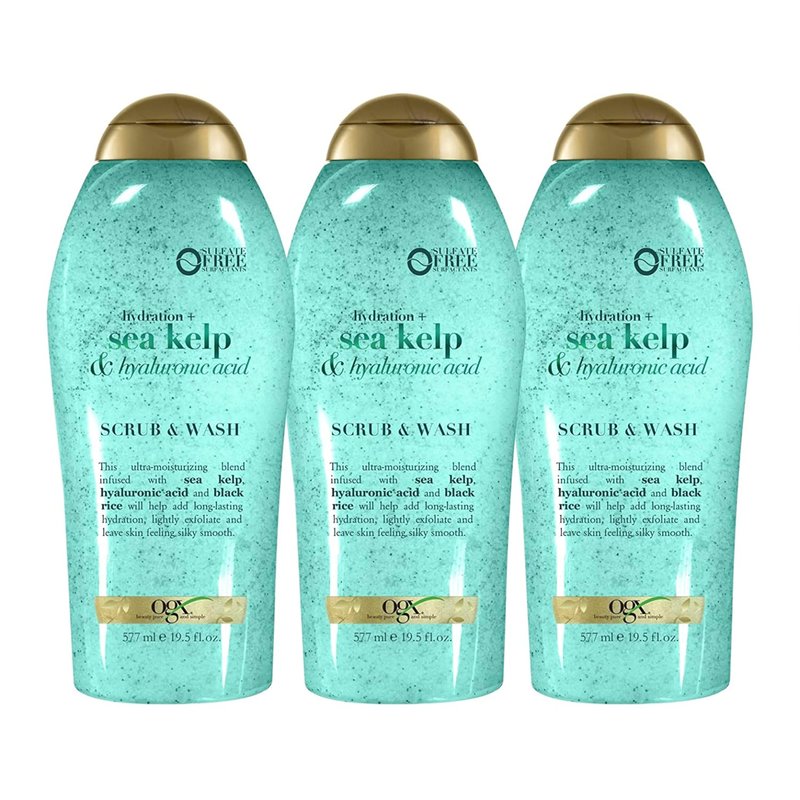 OGX Hydration + Sea Kelp & Hyaluronic Acid Sulfate-Free Lightly Moisturizing Body Scrub with Black Rice, Gentle Exfoliating Daily Body Wash to Soften & Smooth Skin, 19.5 Fl Oz (pack of 3)