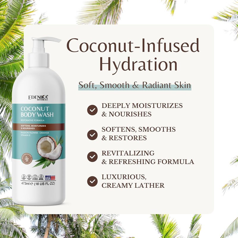 EDENIKA BOTANICALS Coconut Body Wash, Cleans, Softens & Nourishes, Ultra Moisturizing Shower Gel for Dry and Sensitive Skin, Women & Men, Organic & Natural, 16 fl oz, 2-Pack