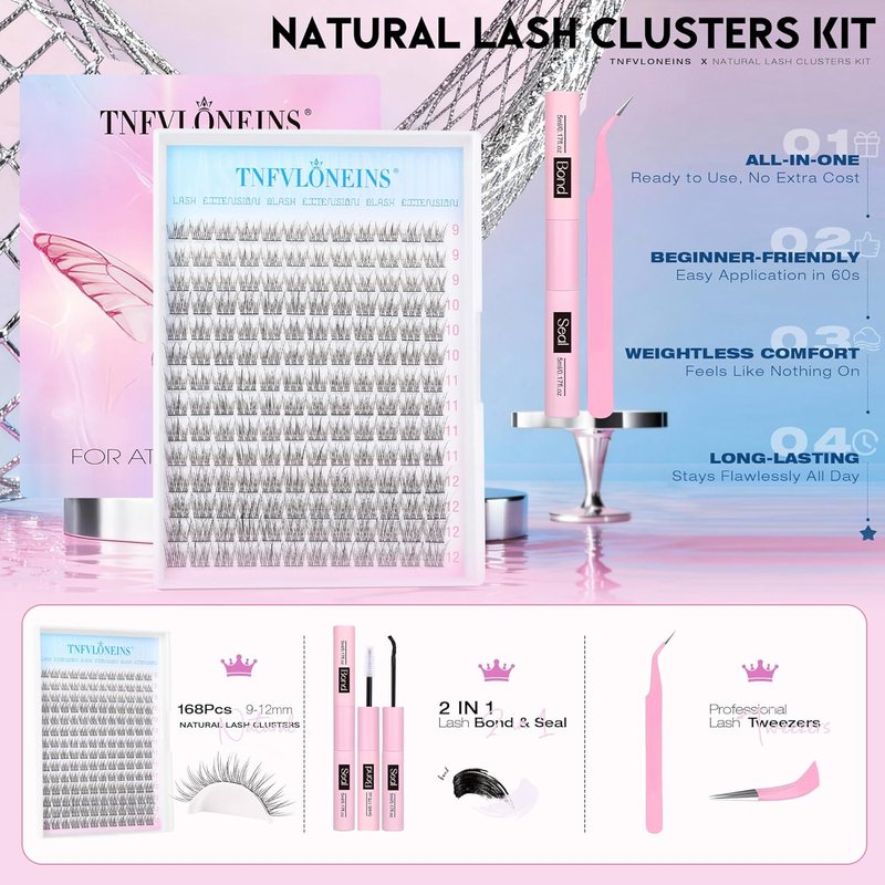 Natural Lash Extension Kit - 168 Pcs Wispy Eyelash Clusters with Bond & Seal Glue | 9-12MM Individual Lashes