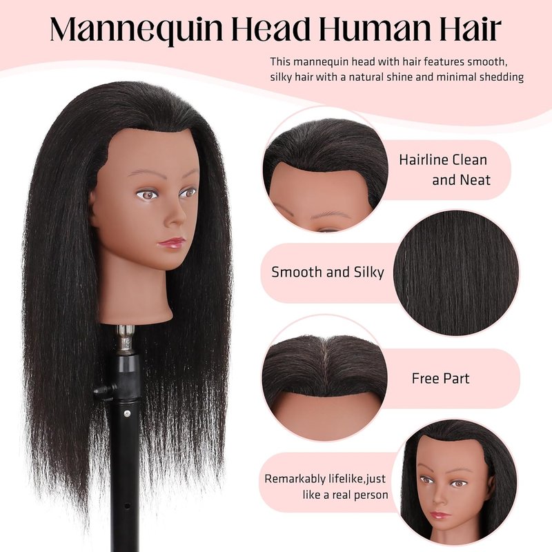 Mannequin Head 100% Real Human Hair 16", Mannequin Head Human Hair Cosmetology Doll Head for Hair Styling, Manikin Head for Braiding with Clamp Holder（Black）