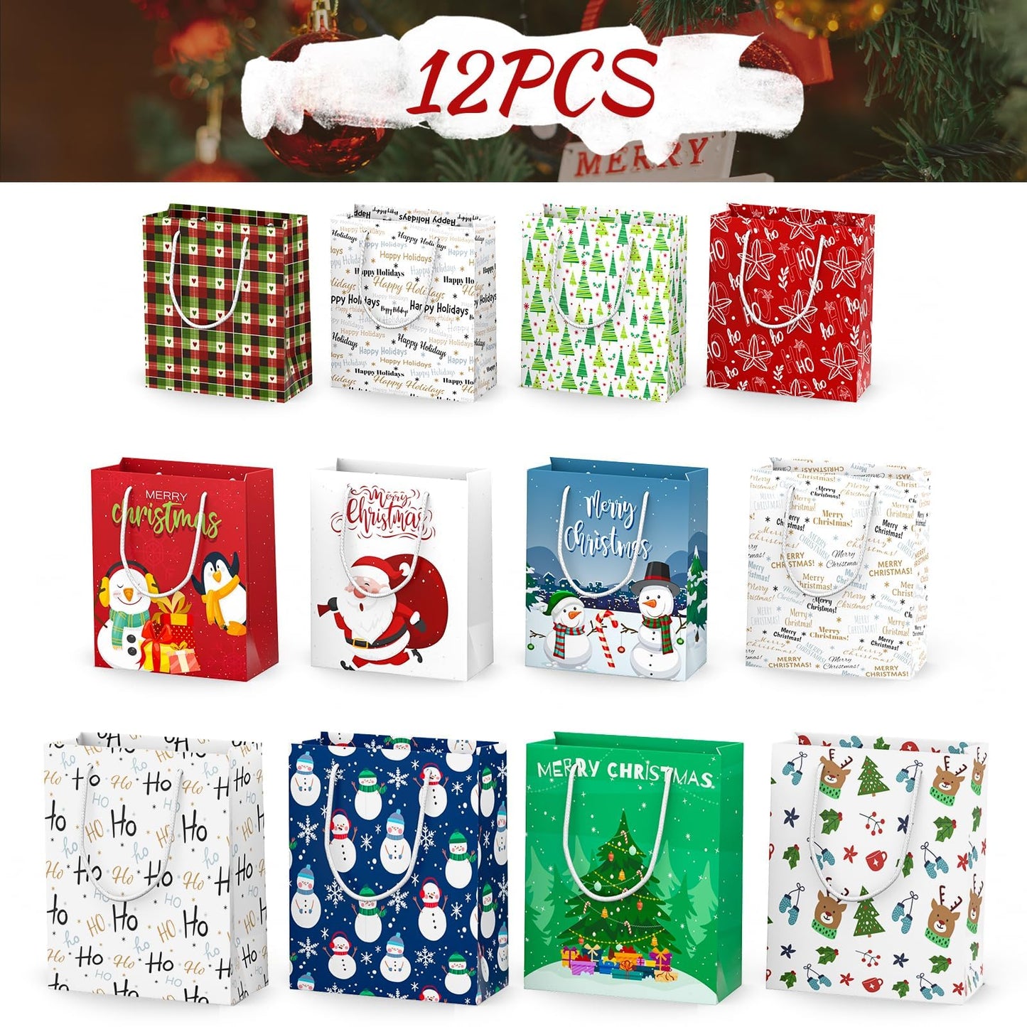 DeckTheHalls 12 PCS Christmas Gift Bags Presents Wrapping, Xmas Patents Gift Bags Candy Bags Decor Supplies for Classroom, Wedding, Birthday, Holiday, Christmas (Large 13’’, Medium 9.5’’, Small 6.5’’)