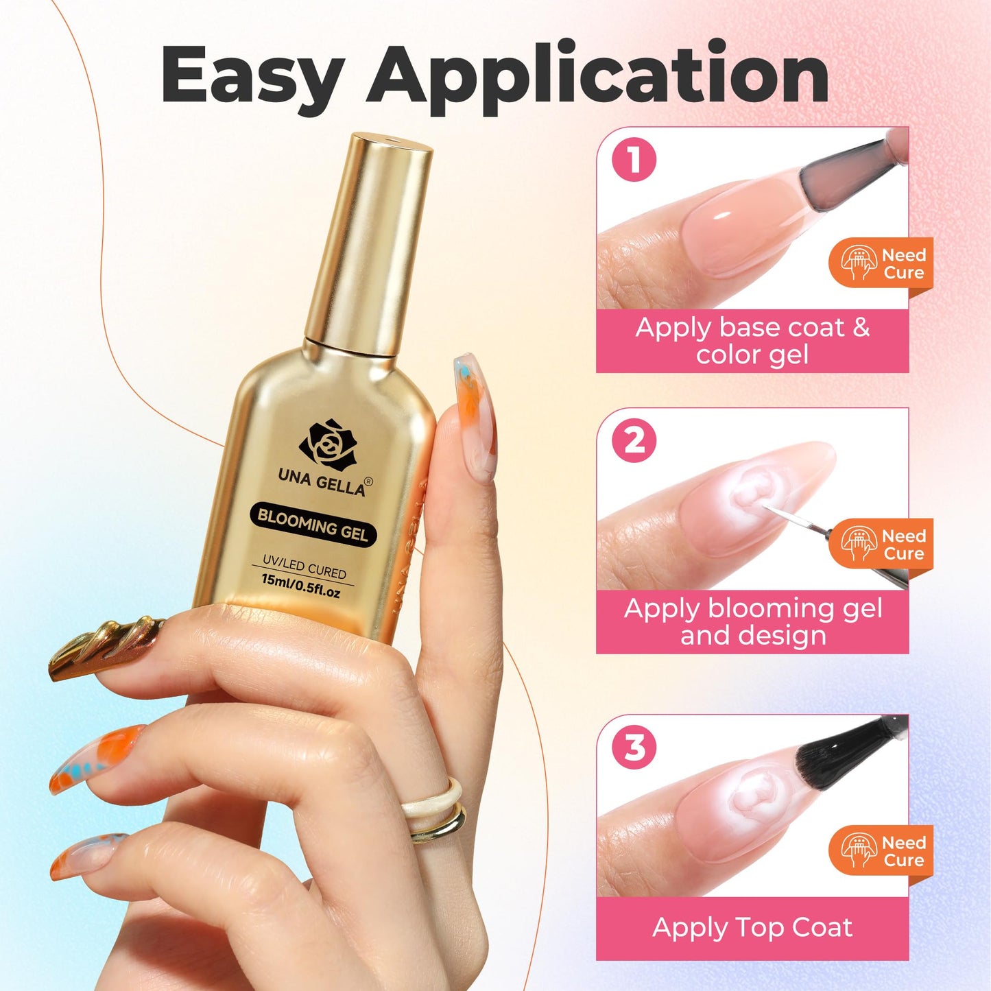 UNA GELLA Blooming Gel Nail Polish 15ml Super Clear for Spreading Effect U V/LED Needed Nail Blooming Gel for Marble Natural Stone Floral Print Watercolor Effect Design Soak Off Home DIY Salon