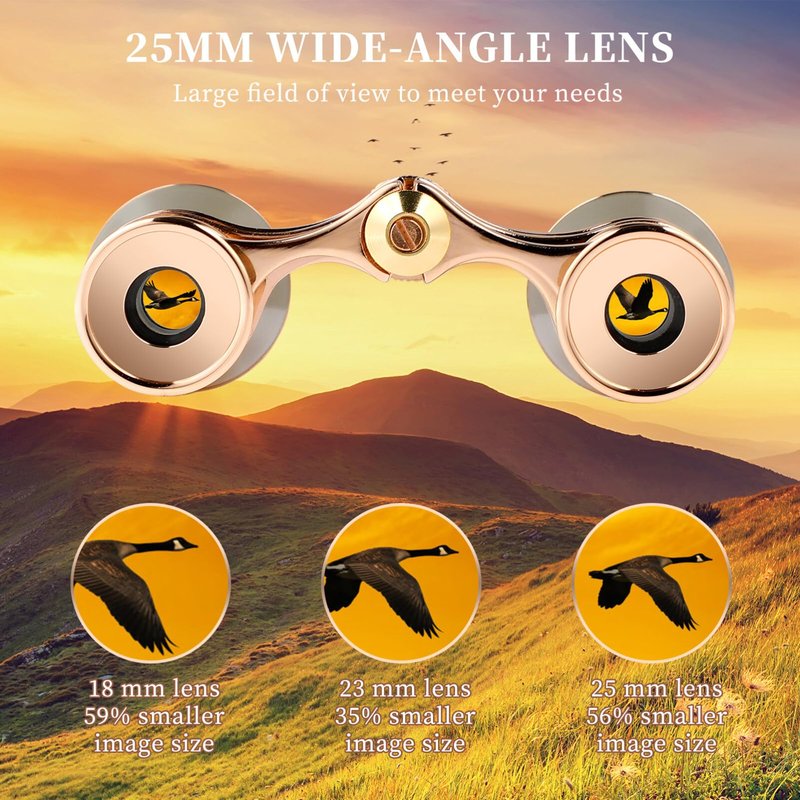 Scicalife Gold 3x25 Compact Binoculars for Adults – Pocket-Size Theater Glasses with Chain for Opera & Concerts, Foldable Travel Telescope for Bird Watching & Camping