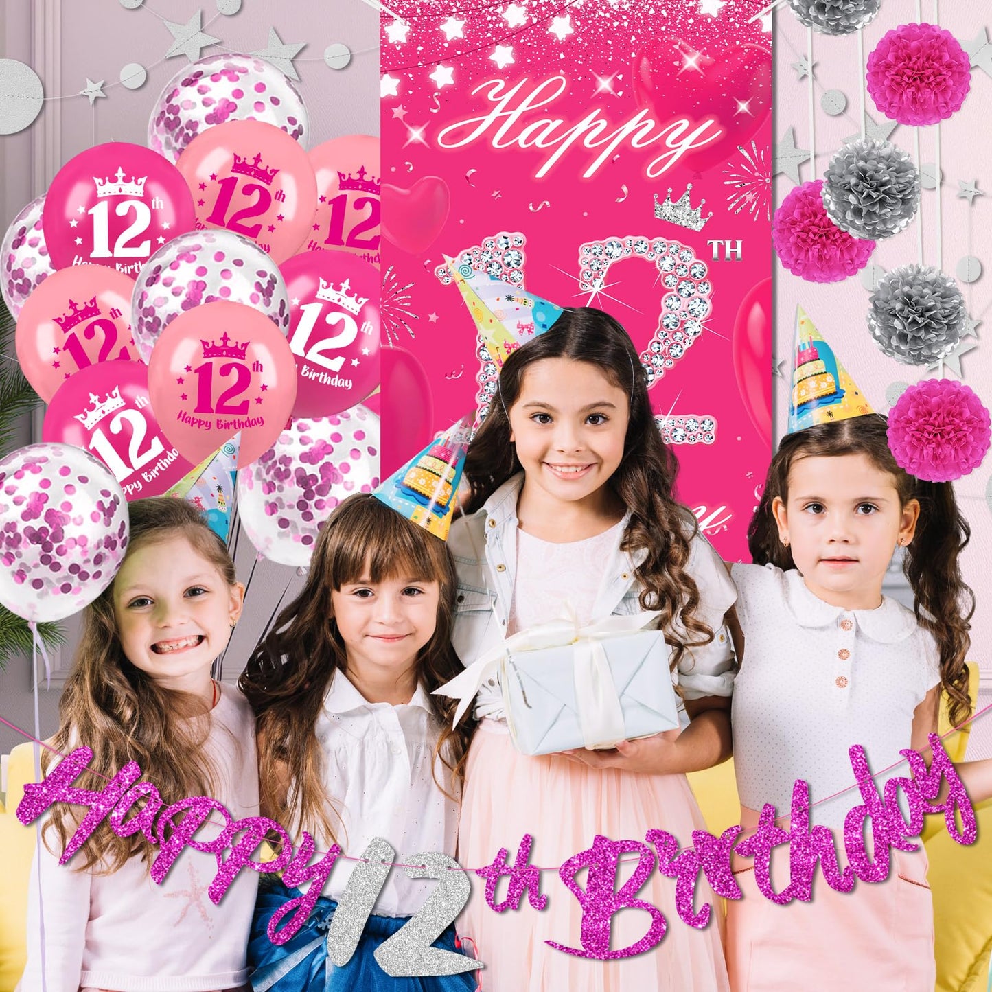 TSVATE 12th Birthday Decorations for Girls, Daughter, Pink 12 Year Old Girl Birthday Decorations, Happy 12th Birthday Banner, Backdrop, Yard, Door, Wall, Number 12 Balloon, Pompoms, Star Garland