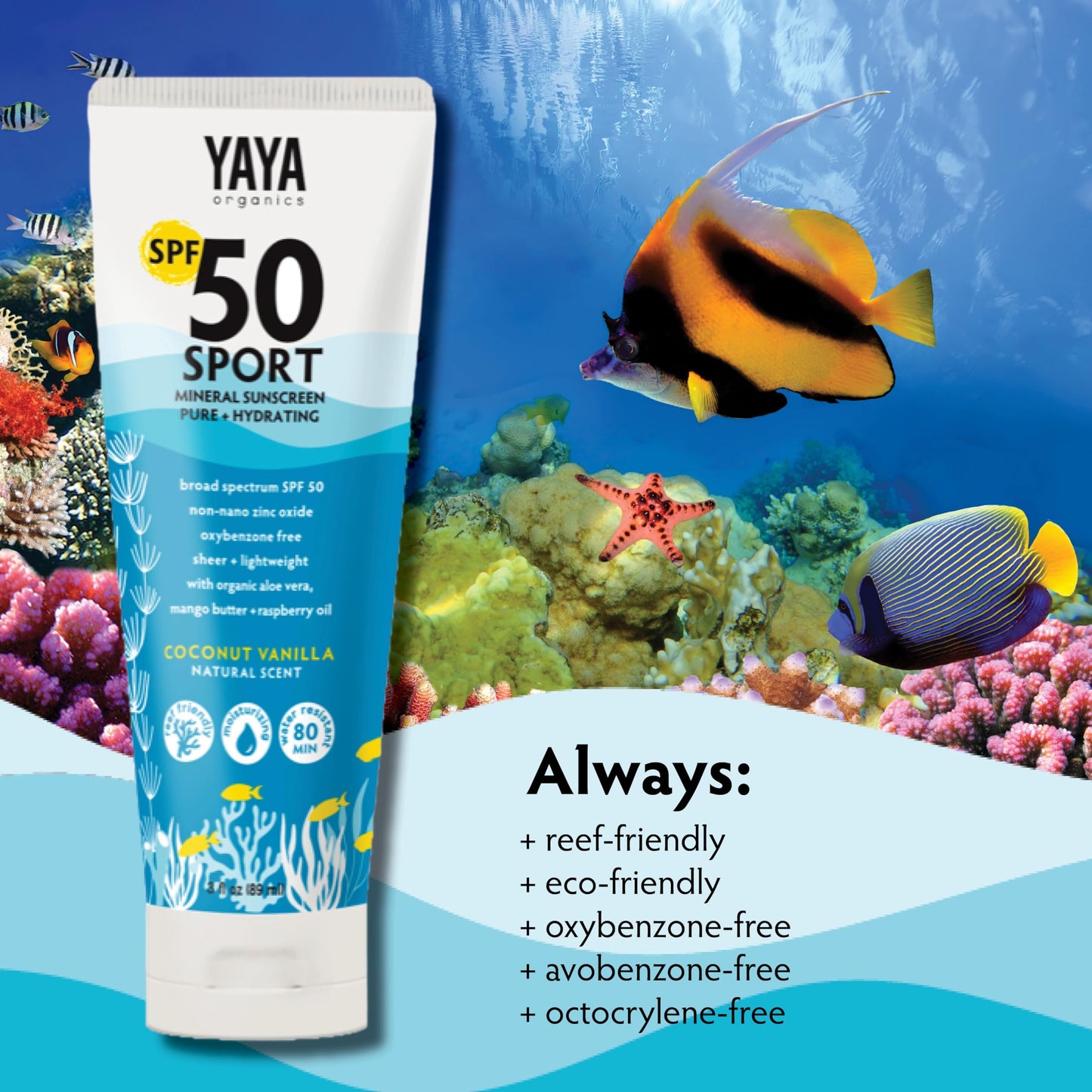 YAYA ORGANICS Sport Mineral Sunscreen Lotion, SPF 50, Reef-Friendly, Non-Nano Zinc Oxide, Water-Resistant, Pure + Hydrating, 3 oz