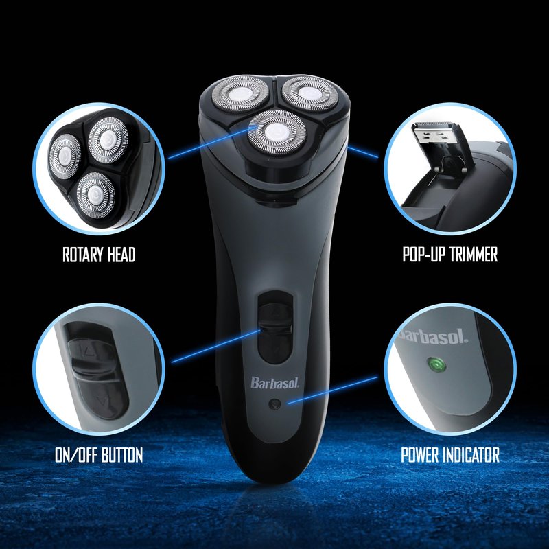 Barbasol Rotary Shaver, Rechargeable Electric Rotary Shaver with Stainless Steel Blades, Pop-Up Trimmer, Wireless Cordless Electric Razor, Close Shave, Full 8 Hour Charge Provides 45 Minute Run-Time
