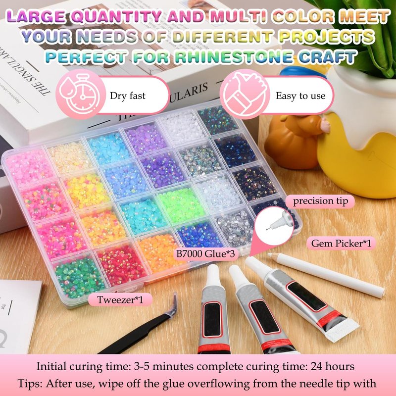 Bedazzling Kit Rhinestones, Colorful DIY Resin Jelly Rhinestones for Bedazzling, 3mm Flatback Gems Bedazzler Kit with 3pcs B7000 Jewelry Glue & Tweezer, for Nail Art Crafting Clothes (32000PCS)